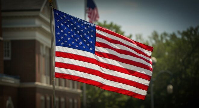 American Flag Waving Outdoors in Front of Building