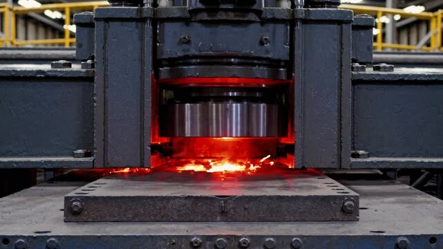 A large forging press machine operates with glowing hot metal underneath. Industrial setting with visible steel structure and factory interior.