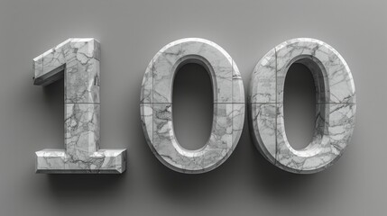 Number 100, One Hundred, Three Dimensional Marble Digits, Isolated on Gray Background