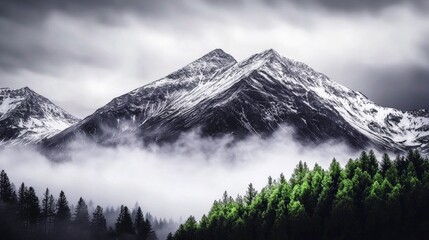 Obraz premium Majestic Snow Capped Alps Misty Mountain Peak Forest Landscape