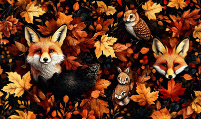 Fototapeta premium A vibrant autumn scene featuring foxes, owls, and squirrels amidst colorful fallen leaves