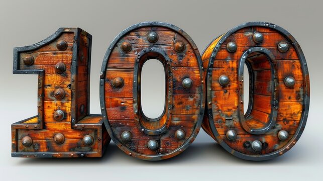 Number 100 Formed with Rustic Weathered Wood Planks and Metal Rivets on Gray Background