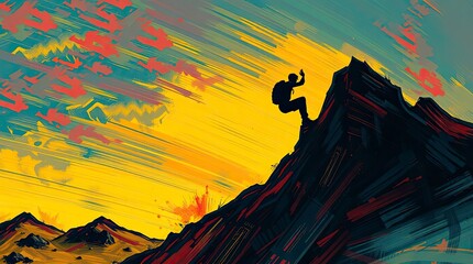Electric-colored silhouette of a person dynamically climbing a mountain, blurred lines