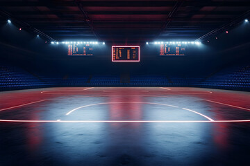 A vibrant, empty sports arena illuminated by colorful lights, showcasing a polished court and scoreboard