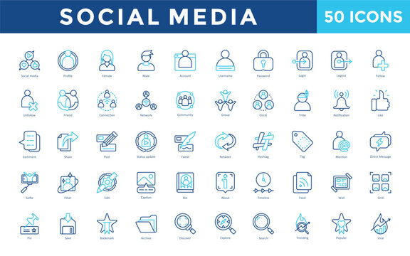 Social Media icon set with social media, profile, female, male, account, username, password, login, logout, follow icon. Simple outline color vector 

