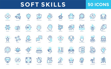 Soft skills icon set with communication, collaboration, creativity, problem solving, adaptability, leadership, teamwork, time management, decision making, empathy icon. Simple outline color vector 
