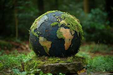Arafed globe on a rock with moss growing on it