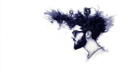 Fototapeta premium Surreal Ink Sketch Man with Whimsical Hair Artistic Portrait