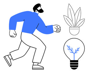 Bearded man in blue clothing walking, nearby small potted plant, lightbulb with blue leaf representing growth. Ideal for innovation, movement, growth, creativity, progress, nature integration