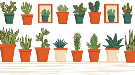 Succulents and cacti in pots on shelf. Home decor