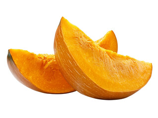 Two slices of fresh ripe orange pumpkin isolated transparent background autumn harvest food photography