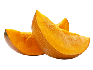 Two slices of fresh ripe orange pumpkin isolated transparent background autumn harvest food photography