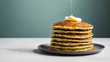 Stack of Zucchini Pancakes with Maple Syrup and Butter: Delicious, Healthy and Easy Breakfast Recipe for Weekends or Brunch.