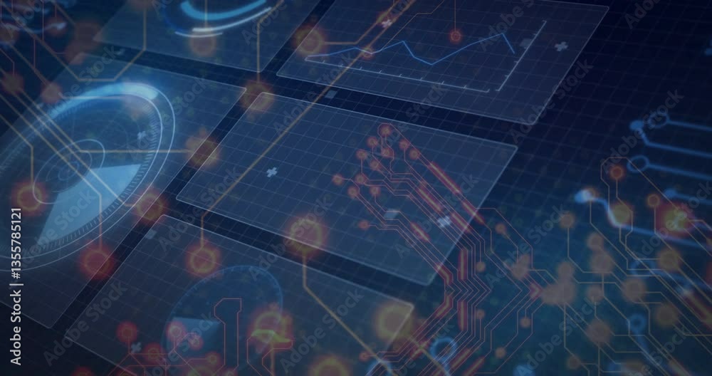 Poster animation of digital circuit patterns and graphs overlaying blue grid background