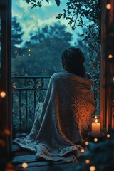A quiet balcony bathed in candlelight, a person wrapped in a blanket gazing at the night sky. The soft flicker reflects in their peaceful eyes