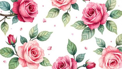 Obraz premium Delicate watercolor roses repeat in a soft, romantic pattern , background, red, repeat