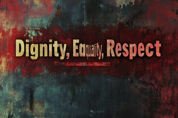 A bold typographic banner with the words "Dignity, Equality, Respect" set against a textured backdrop.