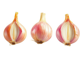 Obraz premium Three halved red onions isolated transparent background fresh produce culinary ingredient