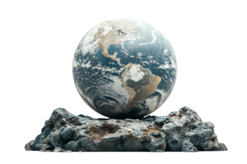3D illustration of Earth on rocky surface with detailed continents and oceans, isolated on white background.