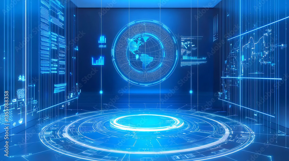 Poster exploring advanced digital interfaces virtual environment 3d graphics futuristic design technology c