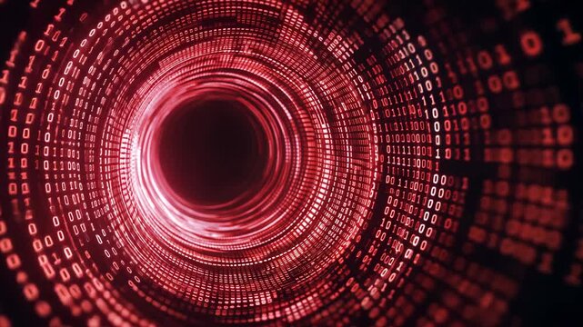 Swirling Tunnel of Red Binary Code Dynamic Digital Vortex Symbolizing Data Flow and Technology with Vibrant Red Hues Adding Intensity and Energy to Abstract Design, Conveying Motion and Futuristic