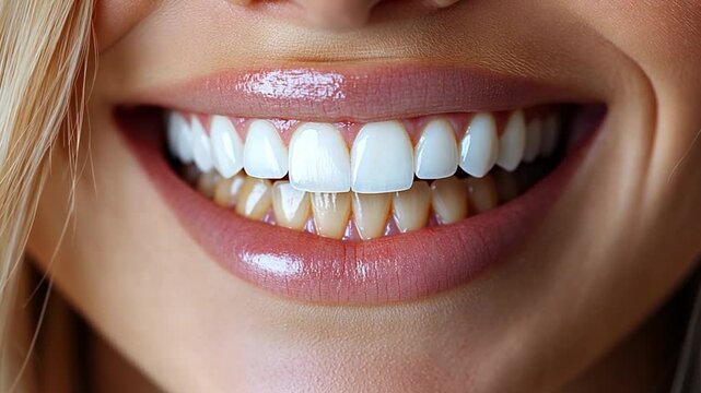 Close-up of a woman's smile showing teeth whitening. Possible use Dental health promotion