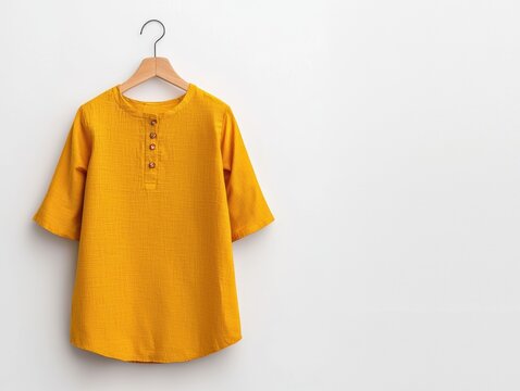 vibrant yellow short kurti with three quarter sleeves and wooden buttons, hanging on wooden hanger against white wall
