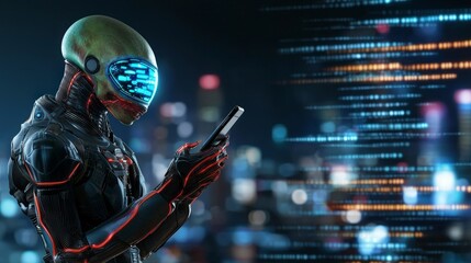 Naklejka premium Futuristic Alien Using Smartphone in Cityscape at Night