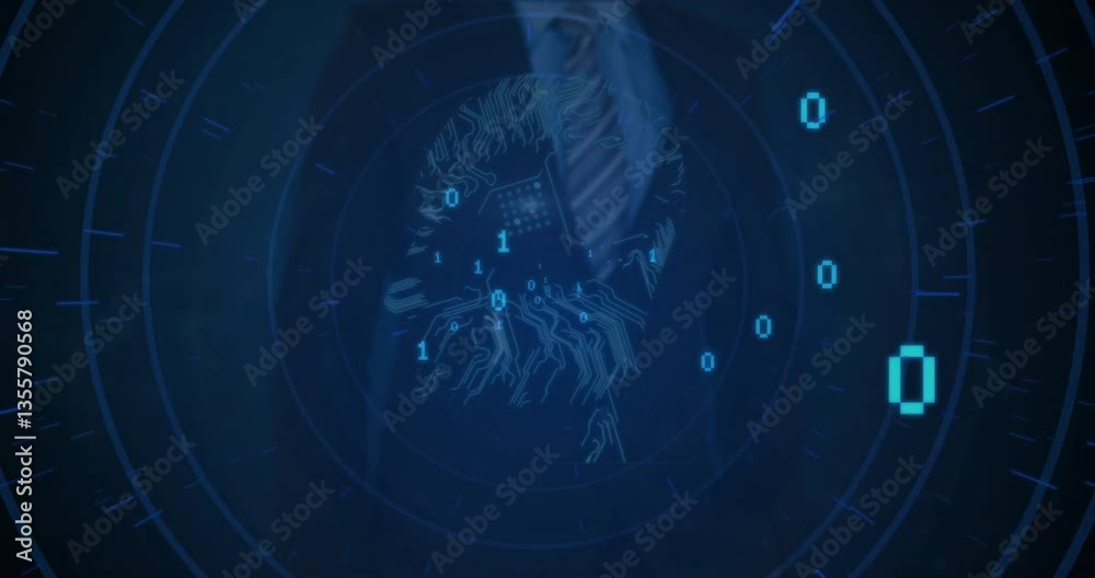 Poster binary code and circuit pattern animation over abstract digital background