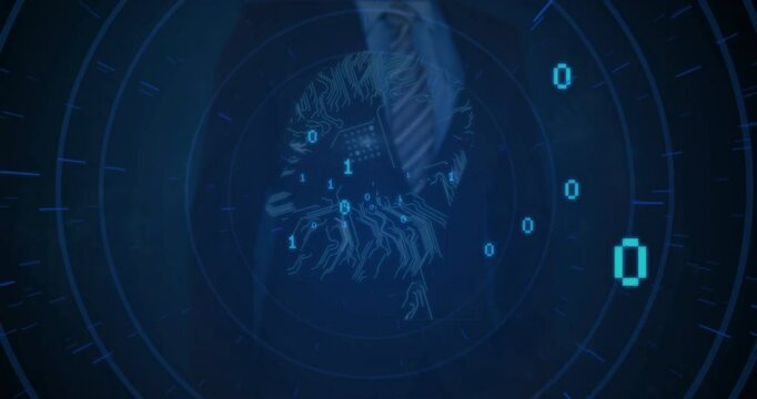 Binary code and circuit pattern animation over abstract digital background