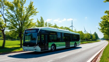 Fototapeta premium Electric Bus Driving on Highway with Wind Turbines and Trees on a Sunny Day