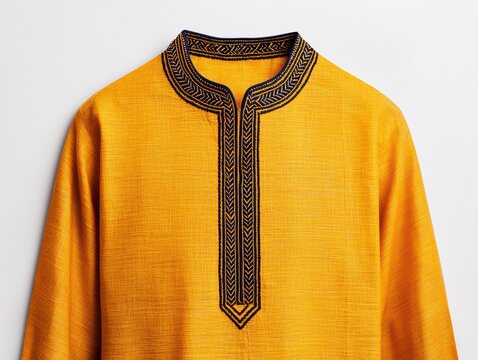 vibrant yellow traditional Indian men kurta with intricate black embroidery on neckline, made of cotton fabric