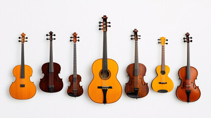 Naklejka premium Array of Stringed Musical Instruments Including Violins Guitar and Ukulele Artistic Composition
