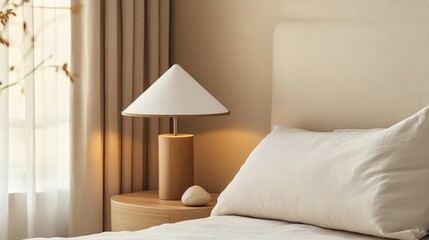 Soft and Minimalist Bedroom Interior Featuring a Modern Wooden Lamp