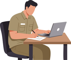 Employee typing report or document using a laptop on a wooden desk.