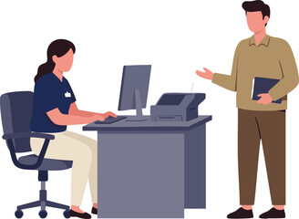 Office interaction between civil servant and colleague at a workstation.
