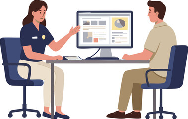 Official consultation between civil servant and client in front of a computer screen.
