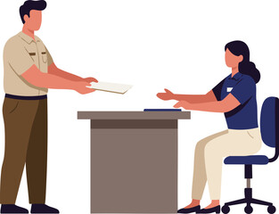 Document handover between civil servant and citizen at the office desk.
