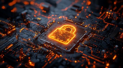 Glowing padlock on a circuit board, digital security concept.