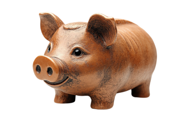 A charming brown piggy bank, symbolizing savings and financial goals, on a white isolated background.