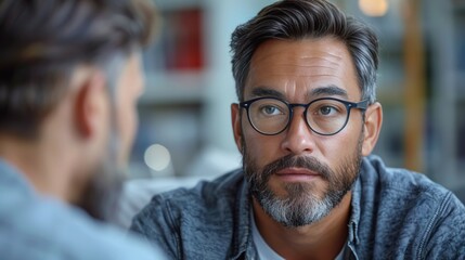 Obraz premium Serious Middle-Aged Man Listens Attentively To Person Off-Camera in Home Office Setting