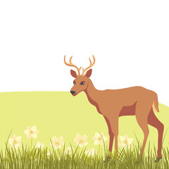 vector drawing spring landscape with green hills, deer, flowers and grass, hand drawn illustration