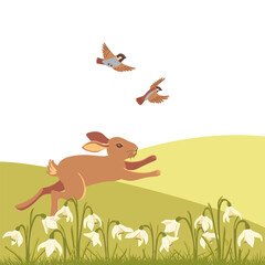 vector drawing spring landscape with green hills, rabbit,sparrow birds, snowdrop flowers and grass, hand drawn illustration