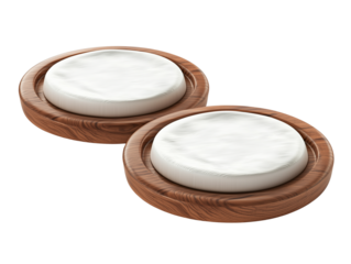 Two Creamy White Cheese Rounds on Rustic Wooden Boards Gourmet Dairy Product Food Photography