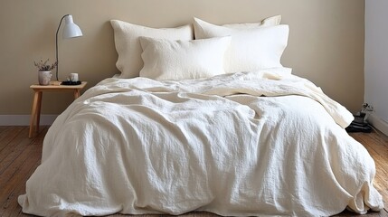 Neutral Bedroom Decor with Bed and Linen Bedding for Simple Relaxation