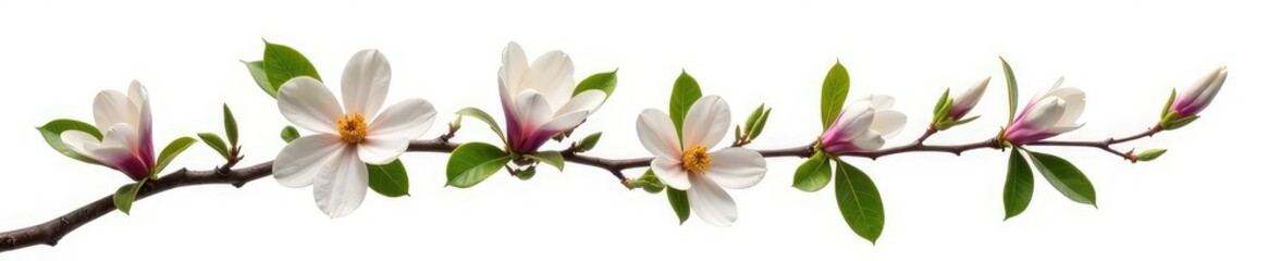 Obraz premium An isolated magnolia tree branch with large showy flowers and green leaves on white background, forest, branch, botanical