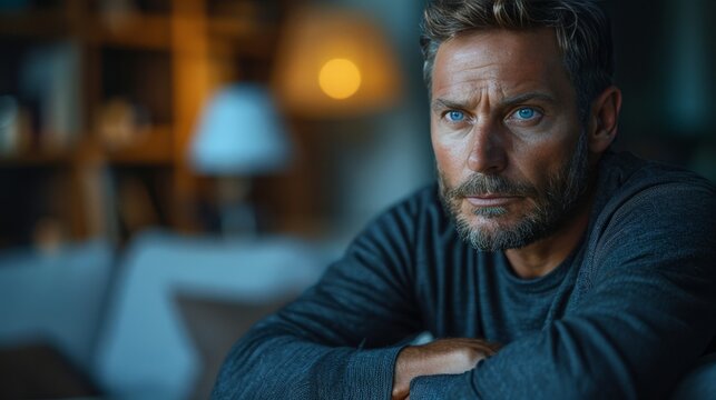 Portrait of a middle-aged man with a serious expression sitting on a couch in dim light.