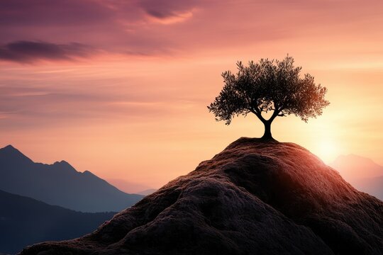 Lonely olive tree on a hill at sunset with mountains in the background and dramatic sky colors