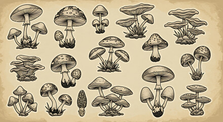 Mushroom Illustration Collection Hand Drawn Different Varieties for Mycological Studies