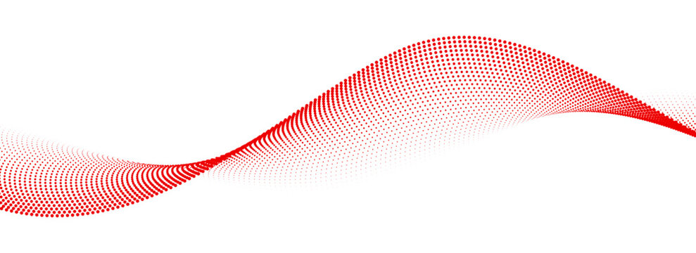 Red dotted wave line pattern. Halftone undulate net background. Abstract flowing particle lattice wallpaper. Vector curved dash gradient element for poser, banner, presentation, booklet, brochure